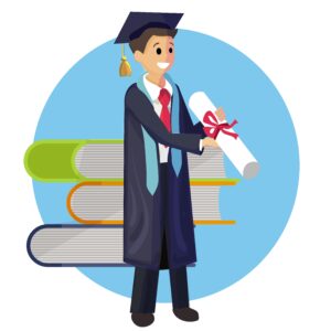vector concept illustration cartoon happy students A smiling graduate in a cap and gown holds a diploma tied with a red ribbon. Three large books are stacked behind him against a blue circle backdrop. happy students