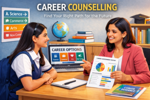 Career counselling session with student choosing between science, commerce, and arts, with counsellor explaining assessment report and career options.
