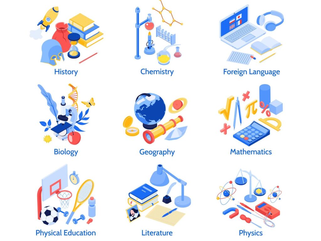 9 subjects grid A grid of colorful education icons representing nine subjects: History, Chemistry, Foreign Language, Biology, Geography, Mathematics, Physical Education, Literature, and Physics.