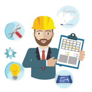 man construction site with icons An illustrated engineer with a hard hat and beard points to a clipboard with graphs. Surrounding icons: tools, crane, light bulb, and blueprints. Professional tone.