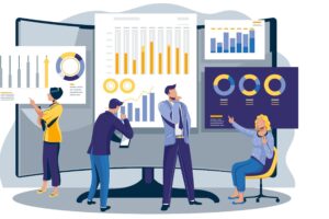 Commerce Illustration of four professions: Science, Legal Officers, Business, and Agriculture, each with avatars and related icons like tools and symbols.