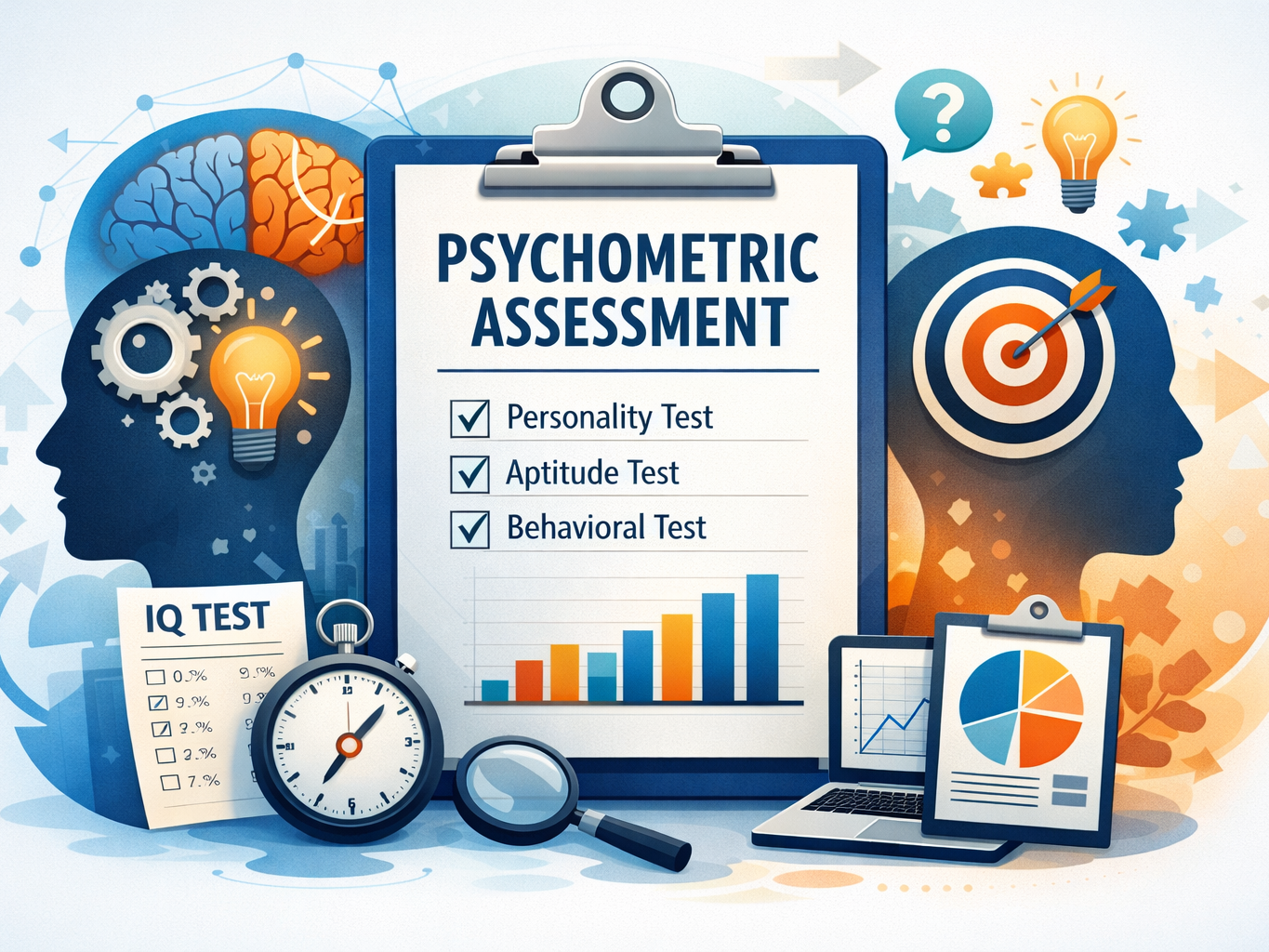 Psychometric assessment illustration featuring a central clipboard labeled “Psychometric Assessment” with checkboxes for personality, aptitude, and behavioral tests, alongside a bar chart. Surrounding visuals include two human head silhouettes (one with gears and a lightbulb, the other with a target), an IQ test sheet, stopwatch, magnifying glass, and laptop displaying analytics—symbolizing cognitive evaluation, decision-making, and career assessment.